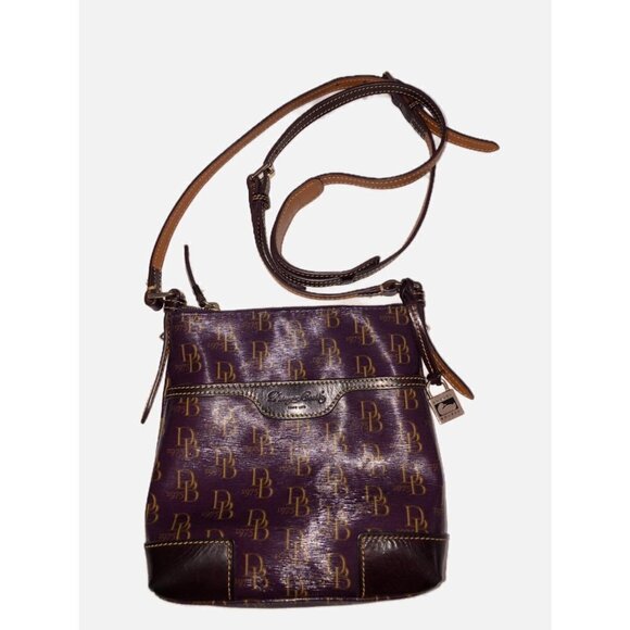 Dooney & Bourke Crossbody Bag Plum Gold DB 1975 Brown Leather Trim Adjustable - Picture 1 of 14